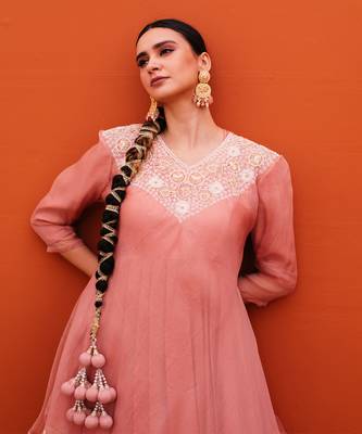 White organza embroidery gown with floral cape 2