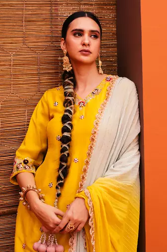 Yellow silk kurta sets