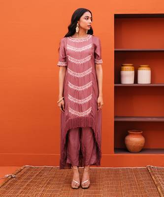 Purple silk embroidery kurta and pant set 1