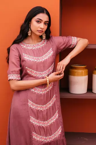 Purple silk embroidery kurta and pant set