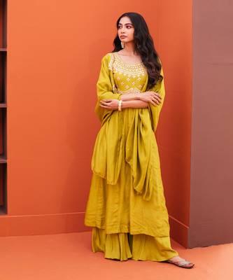 Green silk embroidery kurta palazzo set 1