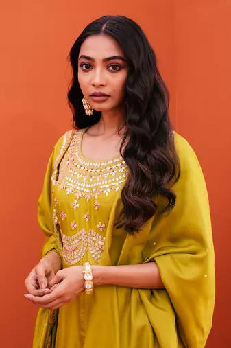 Green silk embroidery kurta palazzo set