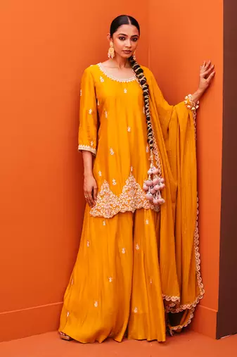 Yellow Silk Embroidery Sharara Set