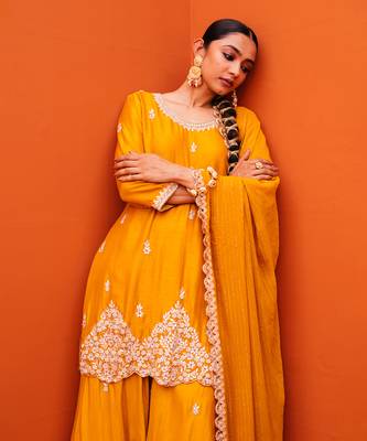 Yellow Silk Embroidery Sharara Set 3