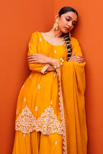 Yellow Silk Embroidery Sharara Set
