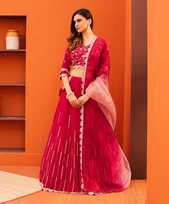Red Organza Embroidery Lehenga Set 1