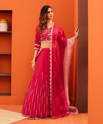 Red Organza Embroidery Lehenga Set 2