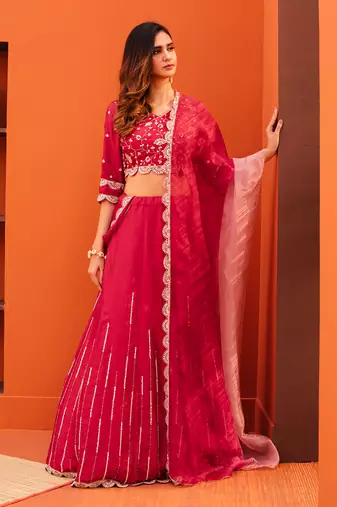 Red Organza Embroidery Lehenga Set