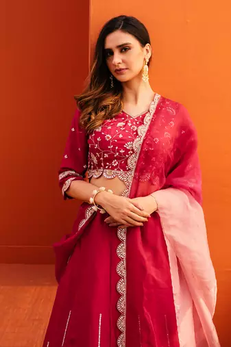 Red Organza Embroidery Lehenga Set