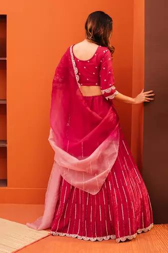 Red Organza Embroidery Lehenga Set