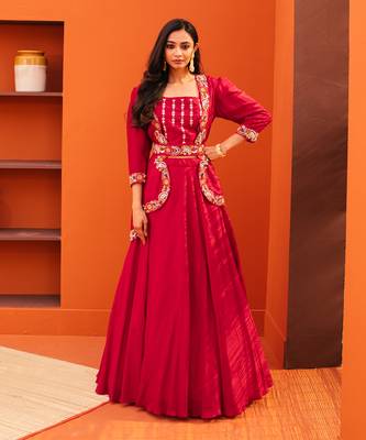Red Silk Embroidery Jacket with Lehenga Set 1