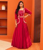 Red Silk Embroidery Jacket with Lehenga Set