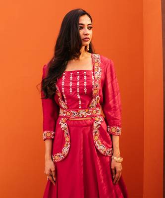 Red Silk Embroidery Jacket with Lehenga Set 2