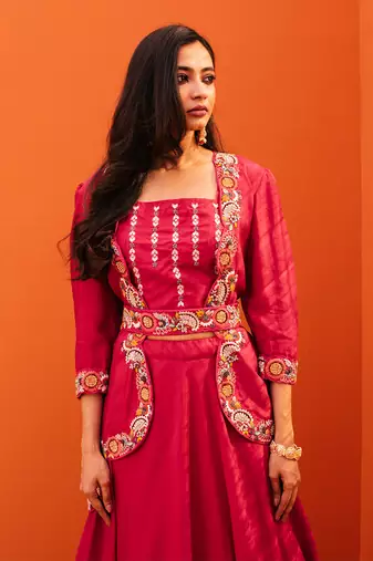 Red Silk Embroidery Jacket with Lehenga Set