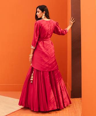 Red Silk Embroidery Jacket with Lehenga Set 3