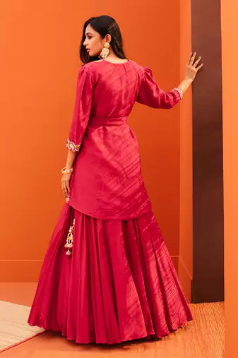 Red Silk Embroidery Jacket with Lehenga Set