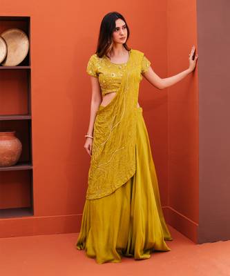 Green Silk Embroidery Lehenga Set 1