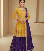 Mustard Embroidered Georgette Stitched Anarakli Suit. Up To 42" Size
