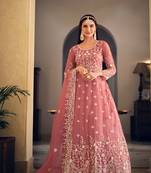 Rose Gold Embroidered Net  Anarakli Suit. Free size full stitched Up To 42" Size