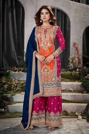 Multi Color Embroidered Chinnon Free Size Stitched Straight Suit. (Size Upto 42)