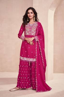 Pink Color Embroidered Silk Free Size Stitched Straight Suit. (Size Upto 42) Free size full stitched Up To 42" Size 1