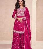 Pink Color Embroidered Silk Free Size Stitched Straight Suit. (Size Upto 42) Free size full stitched Up To 42" Size