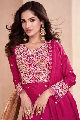 Pink Color Embroidered Silk Free Size Stitched Straight Suit. (Size Upto 42) Free size full stitched Up To 42" Size 2