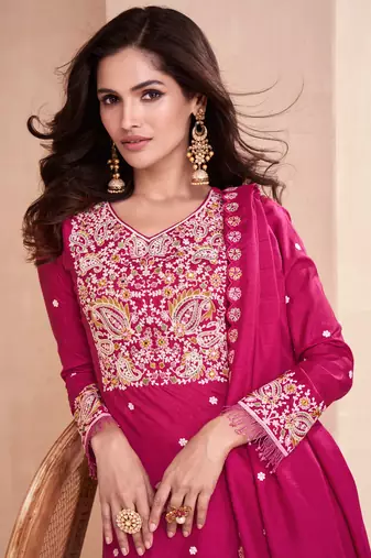 Pink Color Embroidered Silk Free Size Stitched Straight Suit. (Size Upto 42) Free size full stitched Up To 42" Size