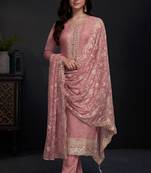 Pink Color Embroidered Organza  Straight Suit. Free size full stitched Up To 42" Size