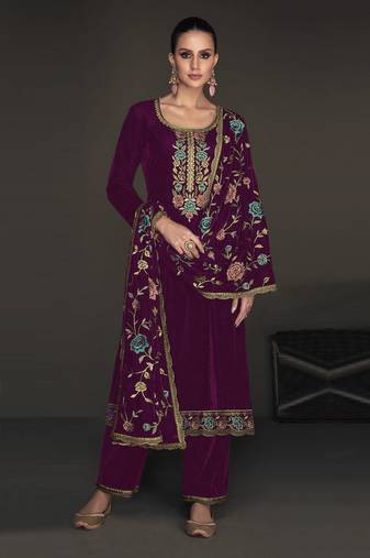 Purple Color Embroidered Velvet  Straight Suit. Free size full stitched Up To 42" Size