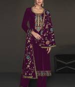 Purple Color Embroidered Velvet Straight Suit. Free size full stitched Up To 42" Size