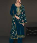 Maahi Styles Teal Blue Velvet Floral Embroidered Salwar Suit Set