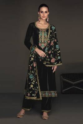 Black Color Embroidered Velvet Straight Suit. Free size full stitched Up To 42" Size 1