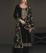 Black Color Embroidered Velvet Straight Suit. Free size full stitched Up To 42" Size