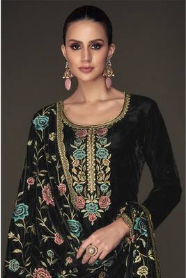 Black Color Embroidered Velvet Straight Suit. Free size full stitched Up To 42" Size 2