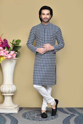 Navy blue embroidered cotton kurta pajama 1