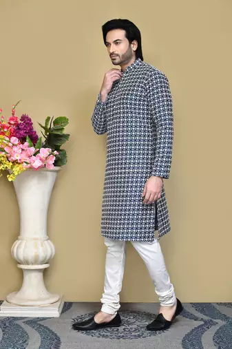Navy blue embroidered cotton kurta pajama