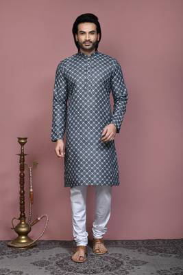 Grey printed cotton  kurta pajama 1