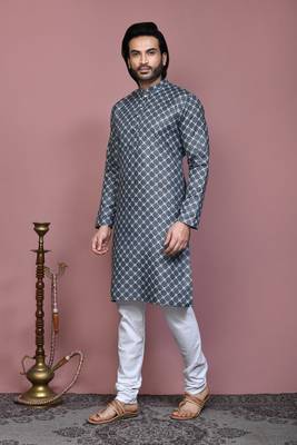 Grey printed cotton  kurta pajama 2