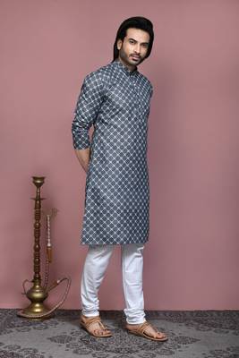 Grey printed cotton  kurta pajama 4