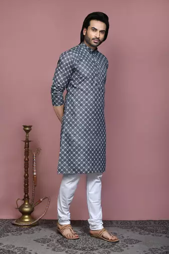 Grey printed cotton  kurta pajama