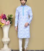 Sky blue printed cotton kurta pajama