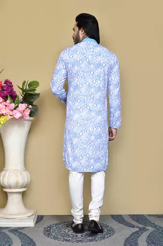 Sky blue printed cotton kurta pajama