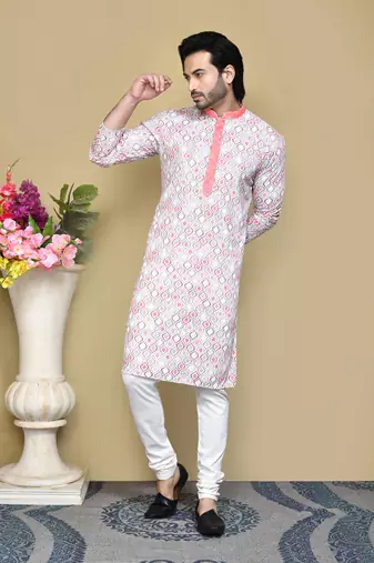 Rust printed cotton kurta pajama
