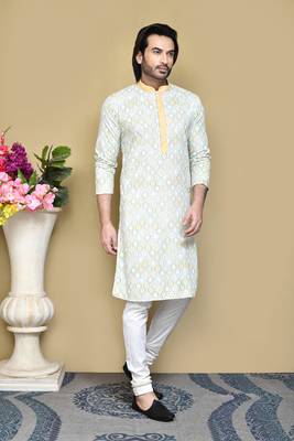 Yellow printed cotton kurta pajama 4
