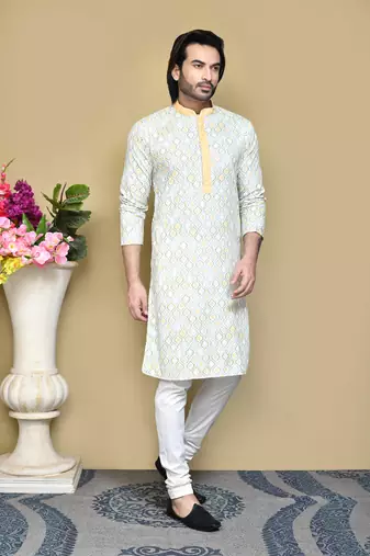 Yellow printed cotton kurta pajama