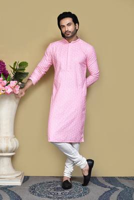 Pink embroidered cotton kurta pajama 4
