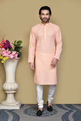 Rust embroidered cotton kurta pajama 1