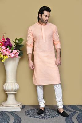 Rust embroidered cotton kurta pajama 4