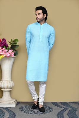 Sky blue embroidered cotton kurta pajama 1